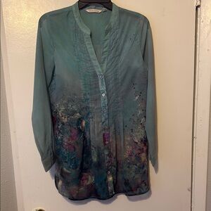 Soft Surroundings “Fantasia” | Light Teal Tunic Blouse Multicolor long sleeve